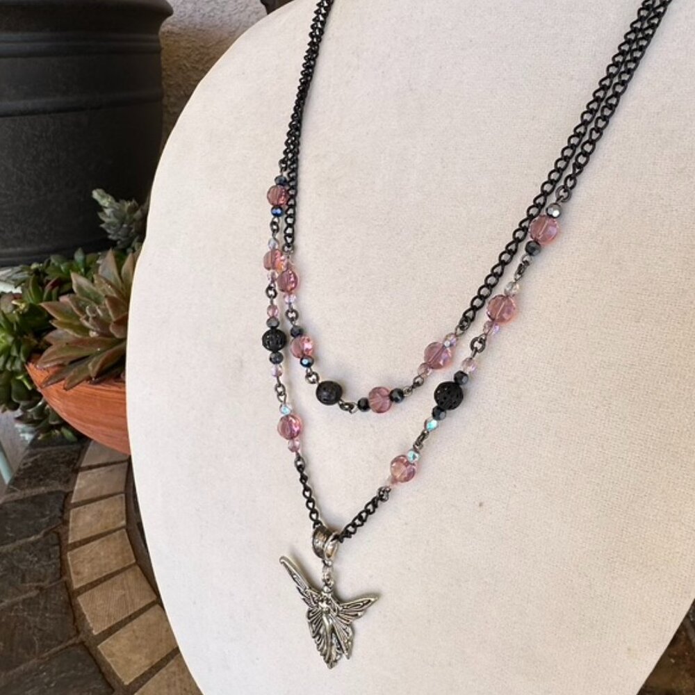 NEW - Handmade Necklace & Vintage Rhinestone Bracelet - Black, Lilac & Silver